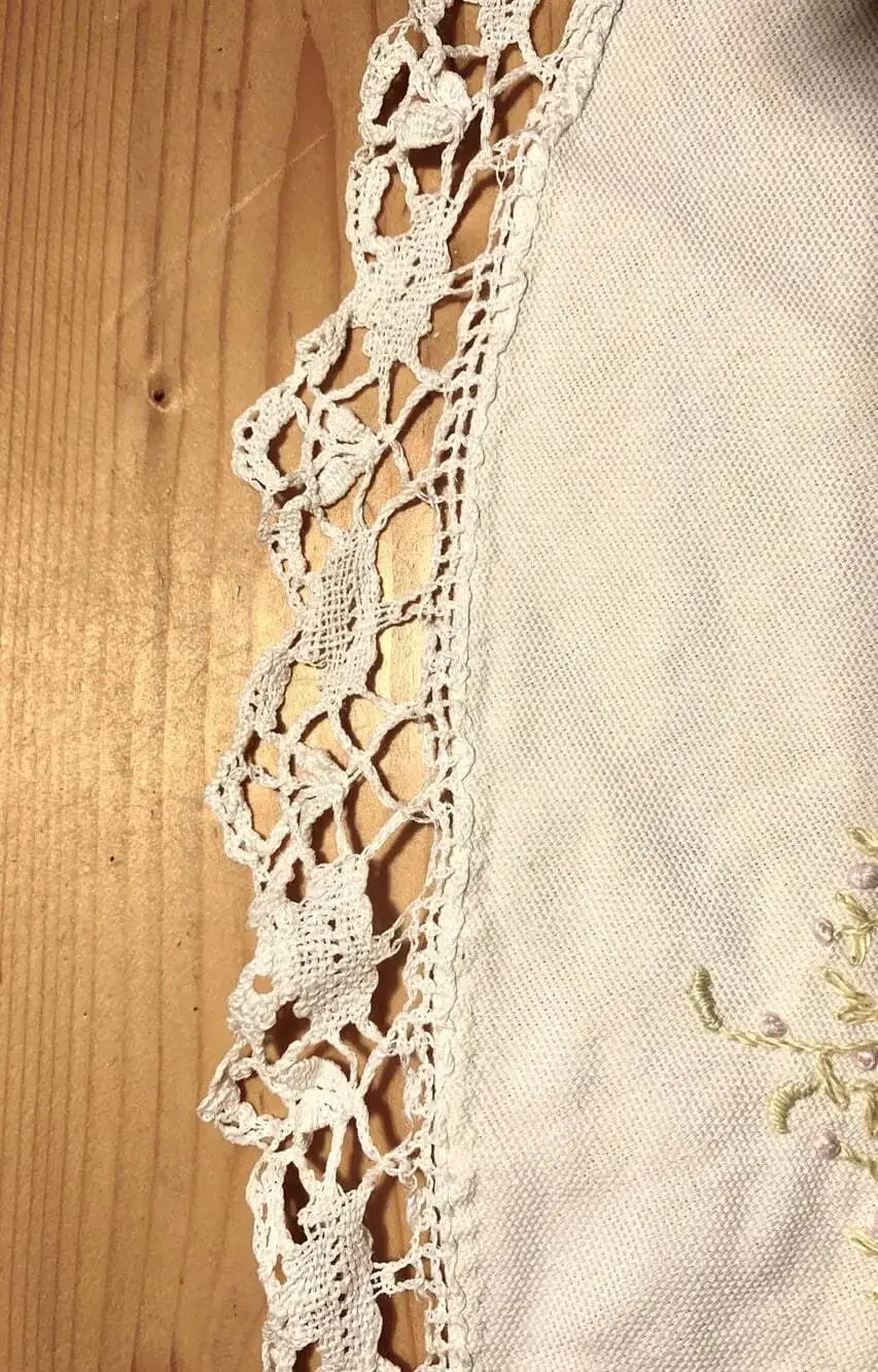 Embroidered Crochet Round  small table cloth vintage handmade beige yellow pink